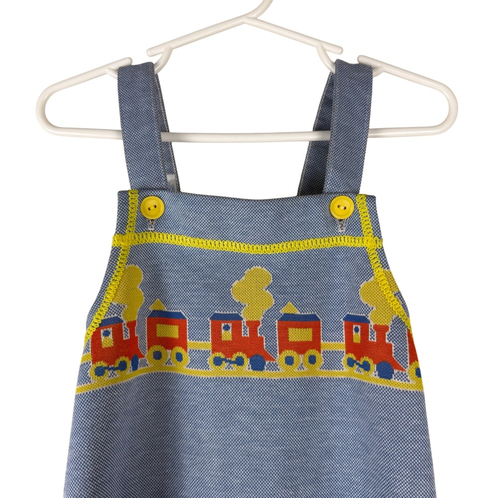 Vintage Carters Kids Blue Train Overalls 24‎ Months Romper Jumper Snap Button
